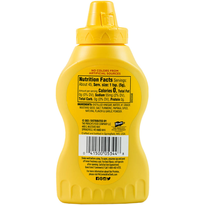 ["A yellow bottle of French's Mustard with nutrition facts and ingredients listed on the label."]
