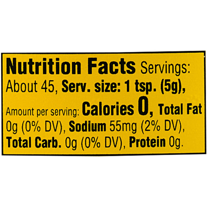 ['Nutrition facts label for a product with 0 calories per serving.']