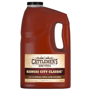 ["A gallon jug of Cattlemen's Kansas City Classic BBQ Sauce."]