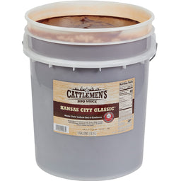 ["A 5-gallon bucket of Cattlemen's Kansas City Classic BBQ Sauce."]