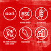 The illustration shows icons indicating the product is Kosher, MSG-free, gluten-free, free of high fructose corn syrup, vegetarian, and dairy-free.
