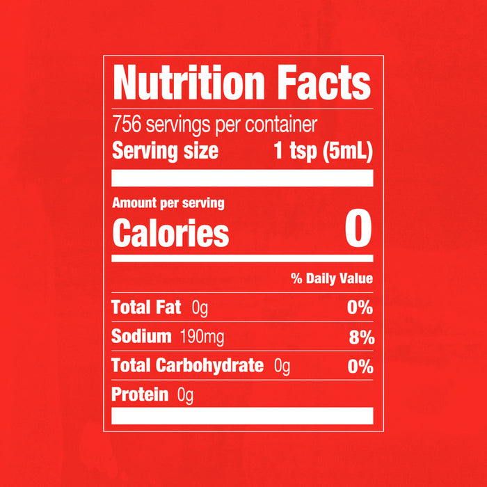 Nutrition facts label for a product with 0 calories per serving.