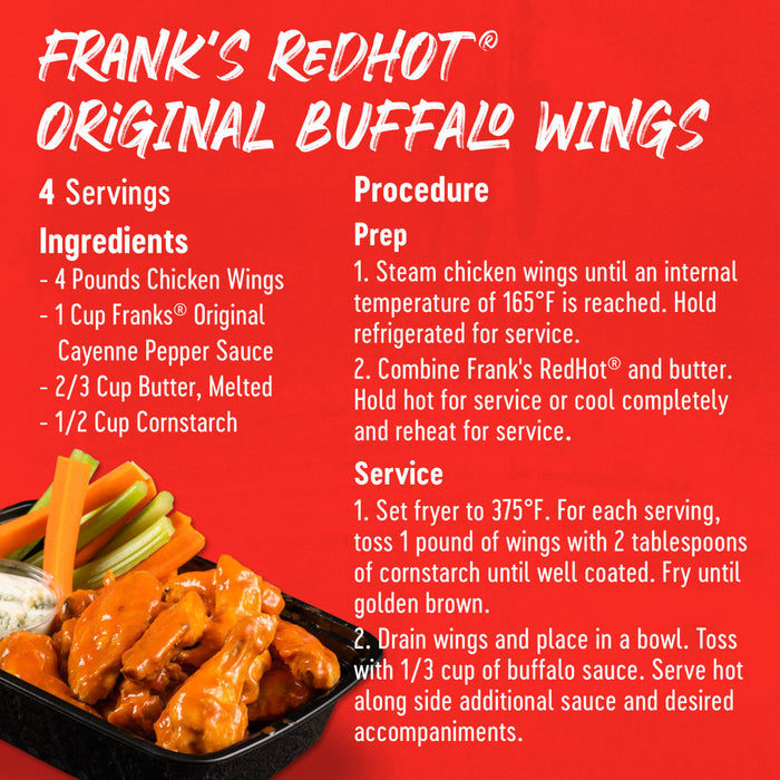A recipe for Frank's RedHot® Original Buffalo Wings with ingredients and instructions.