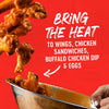 Buffalo wings are falling into a bowl with the text 'Bring the Heat to Wings, Chicken Sandwiches &amp; Buffalo Chicken Dip' on a red background.