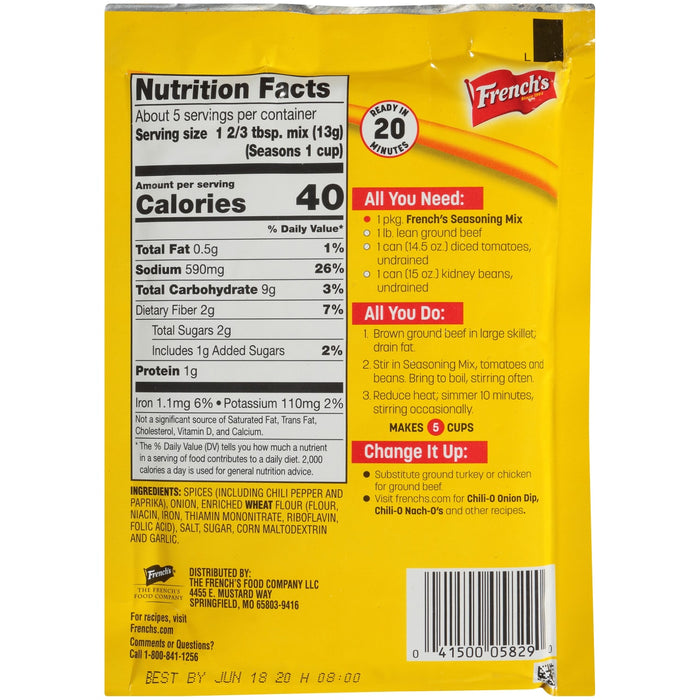 ["French's Chili Seasoning Mix package with nutrition facts, ingredients, and instructions."]