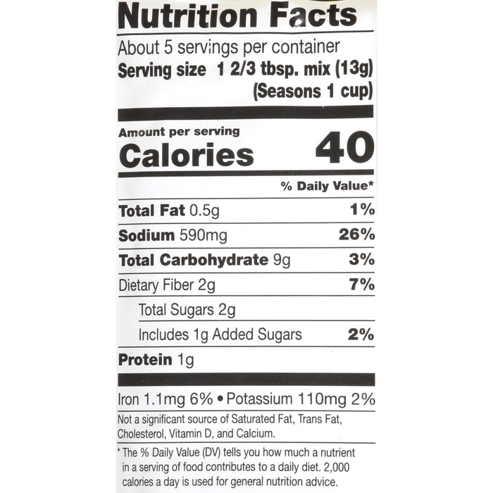 ['Nutrition facts label for Seasons brand seasoning mix.']