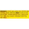 ['A yellow label with the ingredients for a product, including spices, onion, enriched wheat flour, niacin, iron, thiamin mononitrate, riboflavin, folic acid, salt, sugar, corn maltodextrin and garlic.']