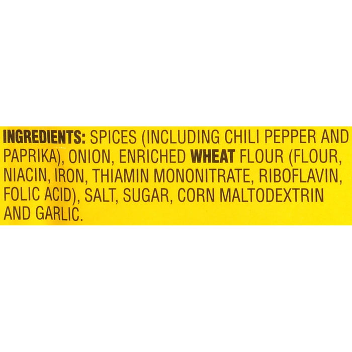 ['A yellow label with the ingredients for a product, including spices, onion, enriched wheat flour, niacin, iron, thiamin mononitrate, riboflavin, folic acid, salt, sugar, corn maltodextrin and garlic.']