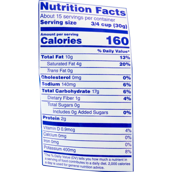 A nutrition facts label shows a serving size of 1/4 cup (36g) with 160 calories.