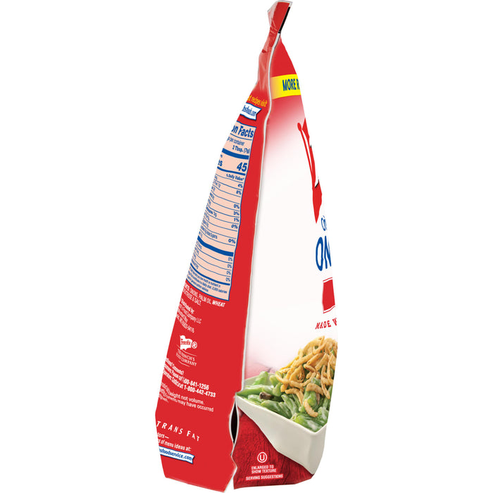 ["A bag of French's Crispy Fried Onions with a nutrition facts label and a serving suggestion of green beans with fried onions on top."]