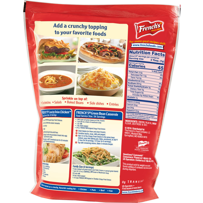["A bag of French's Crispy Fried Onions with a nutritional facts label and a variety of ways to use the product."]