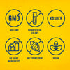 This illustration highlights the product's attributes, including being non-GMO, free of artificial colors, kosher, dairy-free, corn syrup-free, and vegan.