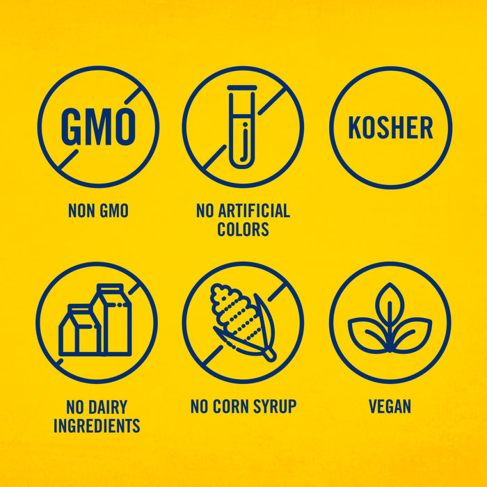 This illustration highlights the product's attributes, including being non-GMO, free of artificial colors, kosher, dairy-free, corn syrup-free, and vegan.