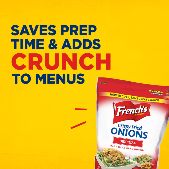 ["A bag of French's Crispy Fried Onions with a tagline that says 'Saves prep time &amp; adds crunch to menus.'"]