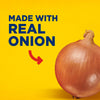 ['A large brown onion with the text Made with Real Onion in blue letters on a yellow background.']