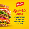 A sandwich with mustard and other toppings is shown with the French's brand logo and the text 'Sprinkle over casseroles, burgers, sandwiches, salads.'