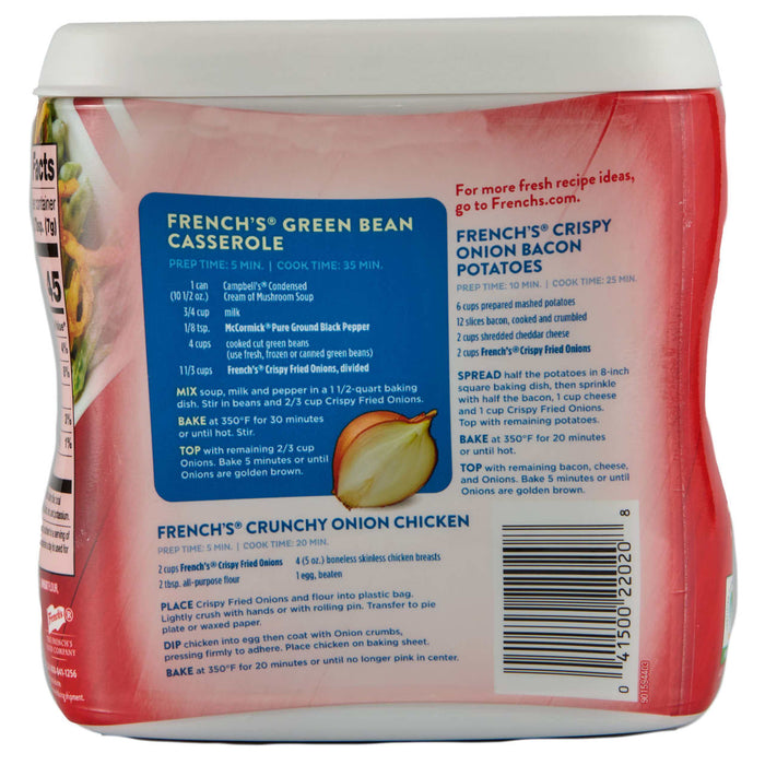 ["A French's brand package with recipes for Green Bean Casserole, Crispy Onion Bacon Potatoes, and Crunchy Onion Chicken."]