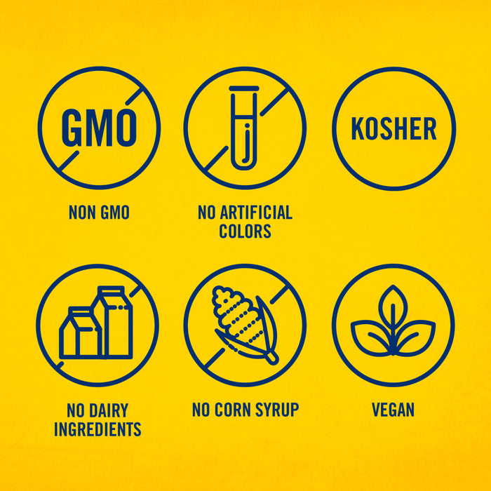 This illustration shows icons indicating the product is non-GMO, has no artificial colors, is Kosher, has no dairy ingredients, has no corn syrup, and is vegan.
