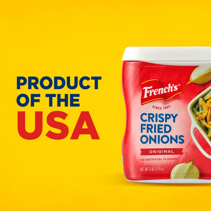 ["A red and blue can of French's Crispy Fried Onions on a yellow background."]