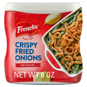 ["A container of French's Crispy Fried Onions, original flavor, with a net weight of 6 oz."]
