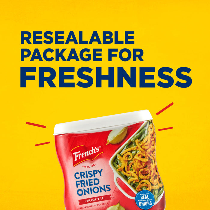 ["A container of French's Crispy Fried Onions with a resealable package for freshness."]