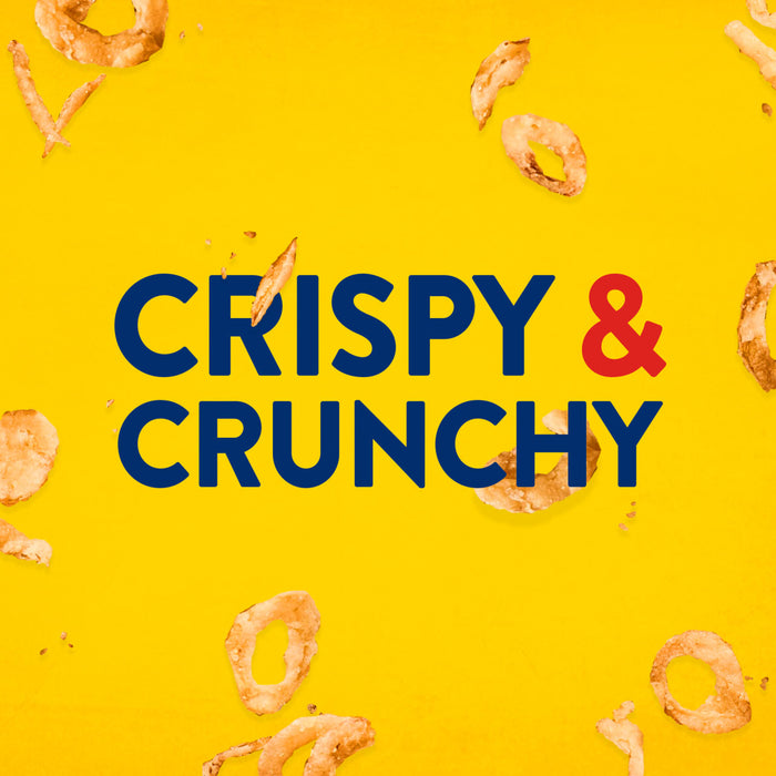 ['Crispy &amp; Crunchy text in blue with an ampersand in red, surrounded by onion rings.']