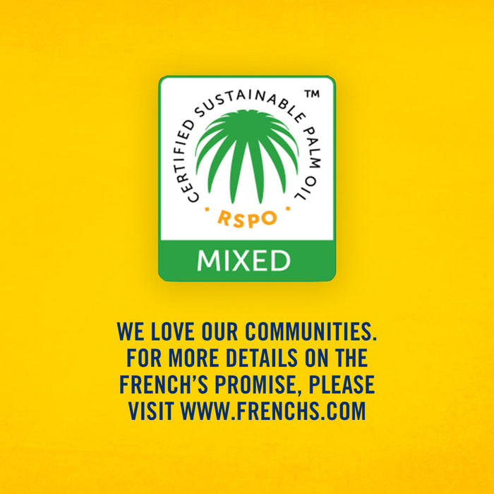 ['A green logo with a palm tree inside a circle that says Certified Sustainable Palm Oil - RSPO - Mixed with the text We love our communities. For more details on the French\'s Promise, please visit www.frenchs.com below.']