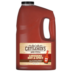 ["A gallon jug of Cattlemen's BBQ Sauce, Louisiana Hot &amp; Spicy, made with Frank's RedHot Original Cayenne Pepper Sauce."]