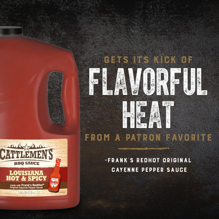 ["A gallon jug of Cattlemen's BBQ Sauce Louisiana Hot &amp; Spicy made with Frank's RedHot Original Cayenne Pepper Sauce."]