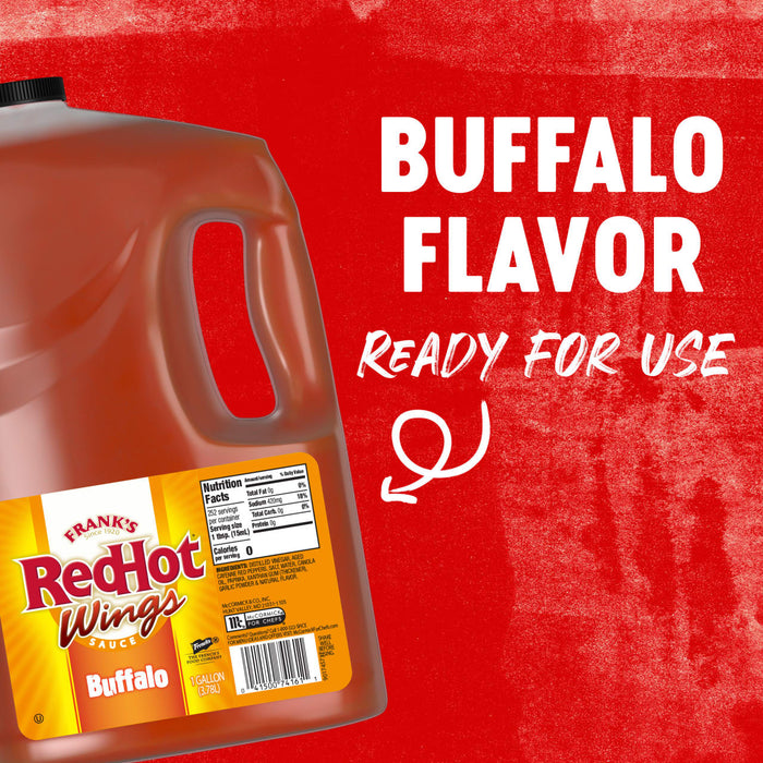 A gallon jug of Franks RedHot Buffalo Wing Sauce.