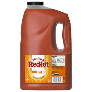 A one-gallon jug of Franks Red Hot Original Buffalo Wing Hot Sauce Red Hot 128 Oz is shown against a white background, highlighting the product's label and nutritional information.