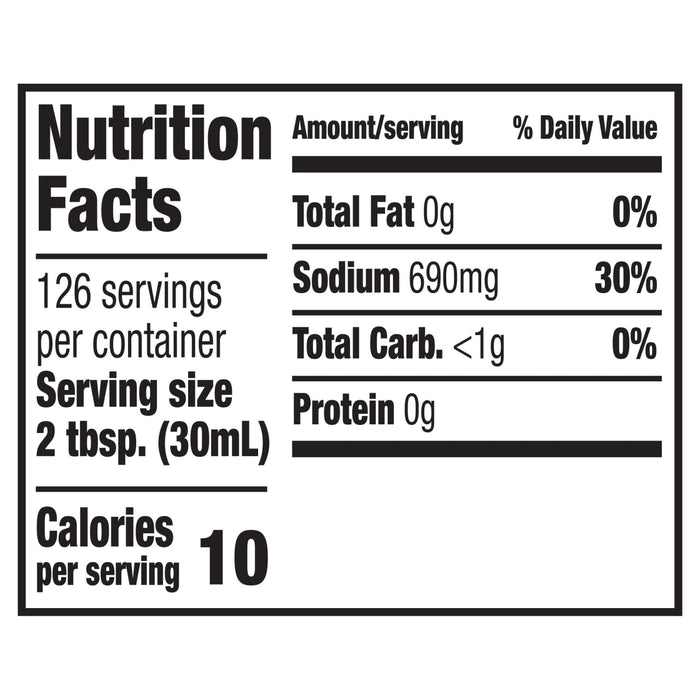 The nutrition facts label for Franks Red Hot Original Buffalo Wing Hot Sauce Red Hot 128 Oz, indicating that one serving contains 10 calories, 690mg of sodium, and 0g of fat.