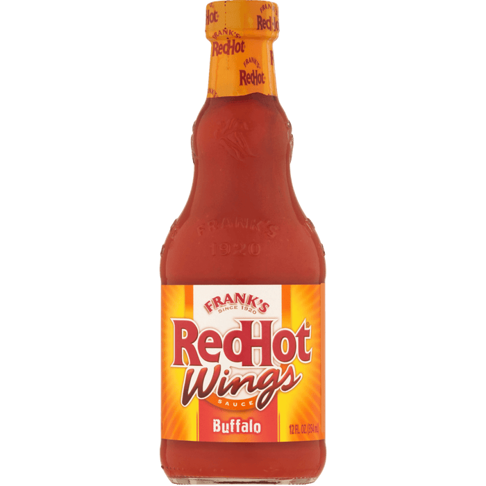 A bottle of Frank's RedHot Wings Buffalo sauce.