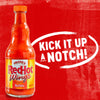 A bottle of Franks RedHot Buffalo Wing Sauce with the text Kick it up a notch! in a white circle.