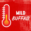 ['A white thermometer with a red background and the words Mild Buffalo in white.']