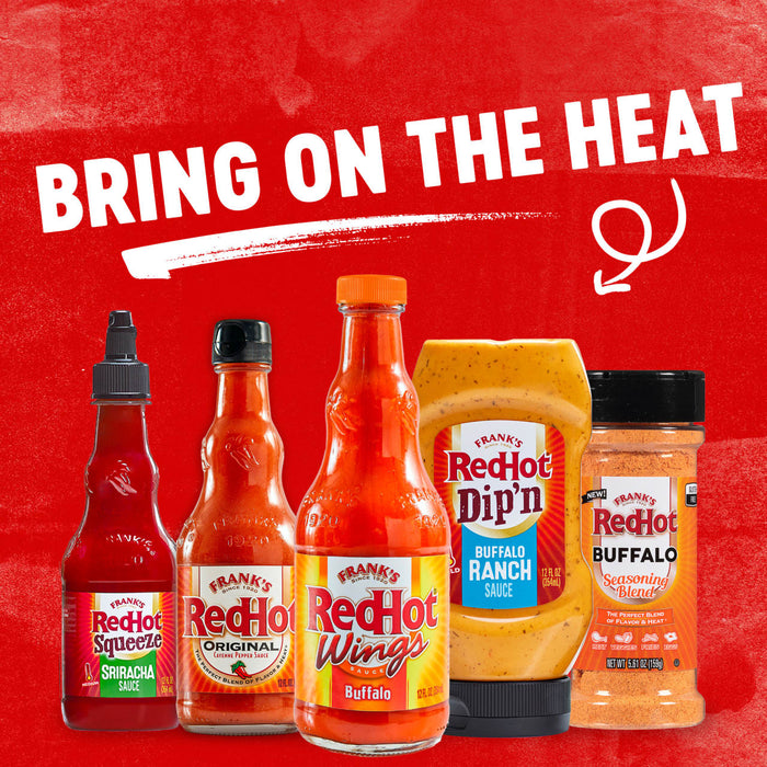 ["Frank's RedHot products including hot sauce, wing sauce, buffalo ranch, sriracha and buffalo seasoning blend."]