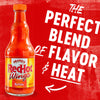 ['A bottle of Frank\'s RedHot Wings Buffalo sauce with the text The perfect blend of flavor &amp; heat on a red background.']