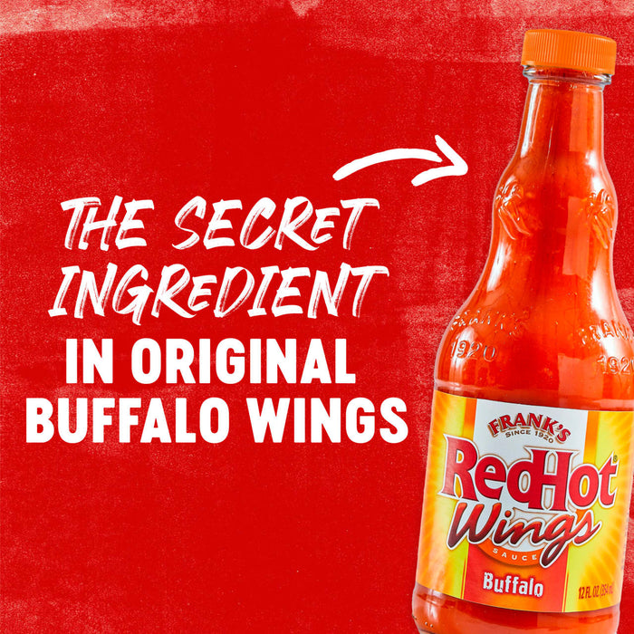 ["A bottle of Frank's RedHot Buffalo Wing Sauce with the text 'The Secret Ingredient in Original Buffalo Wings' pointing to the bottle."]
