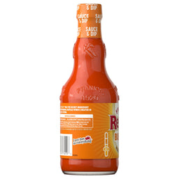 The back of a bottle of Franks Red Hot Buffalo Wing Hot Sauce Red Hot 12 Oz displays the brand's history and a recipe for Buffalo wings.