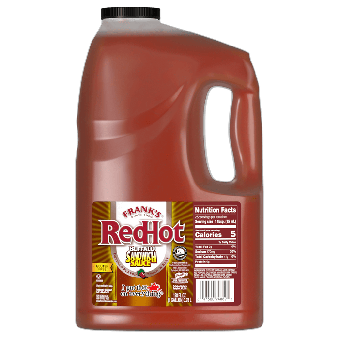 ["A gallon jug of Frank's RedHot Buffalo Sandwich Sauce."]