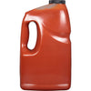 ['A red plastic bottle with a black lid.']