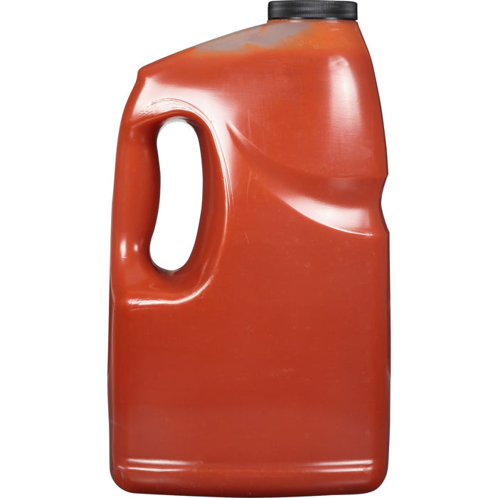 ['A red plastic bottle with a black lid.']