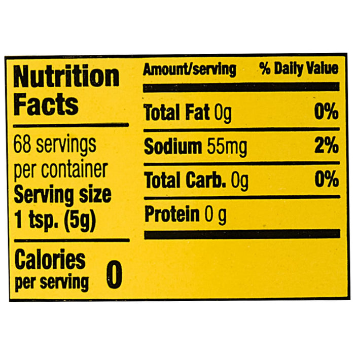 ['Nutrition facts label for a product with 0 calories per serving.']