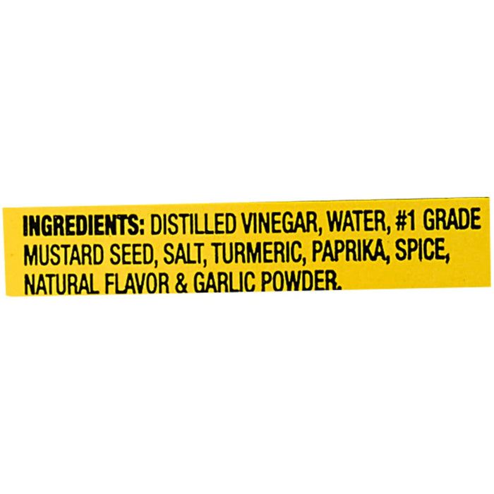 ['A yellow label with the ingredients for a mustard product.']