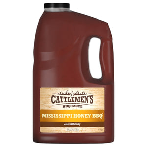 ["A gallon jug of Cattlemen's Mississippi Honey BBQ sauce."]