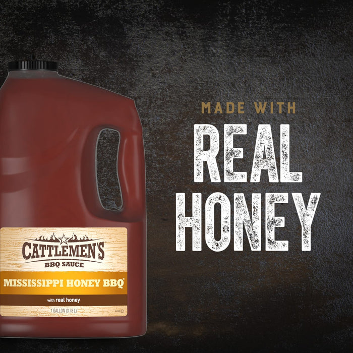 ["A gallon jug of Cattlemen's Mississippi Honey BBQ sauce, made with real honey."]