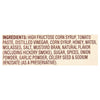['A list of ingredients for a product, including high fructose corn syrup, tomato paste, distilled vinegar, corn syrup, honey, water, molasses, salt, mustard bran, natural flavor, sugar, spices, onion powder, garlic powder, celery seed and sodium benzoate.']