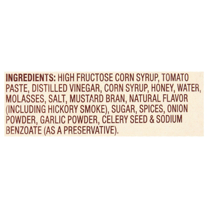 ['A list of ingredients for a product, including high fructose corn syrup, tomato paste, distilled vinegar, corn syrup, honey, water, molasses, salt, mustard bran, natural flavor, sugar, spices, onion powder, garlic powder, celery seed and sodium benzoate.']