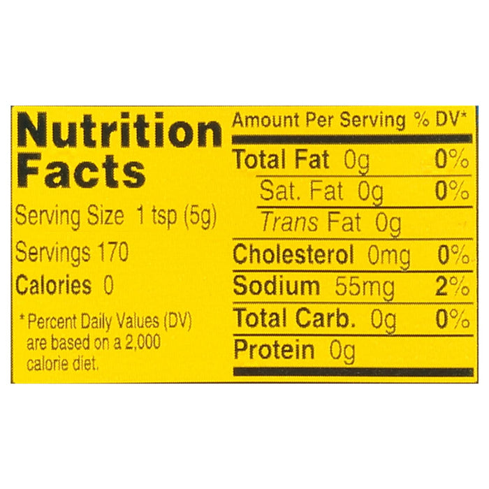 ['Nutrition Facts label for a product with 0 calories and 0 grams of fat.']