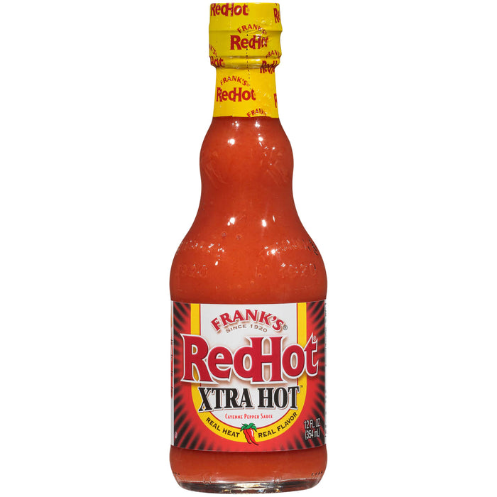 ["A bottle of Frank's RedHot Xtra Hot Cayenne Pepper Sauce."]